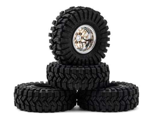 INJORA 1.0” Deep Dish Aluminum Micro Crawler Beadlock Wheels w/Swamp Claw Tires: Gold/Chrome