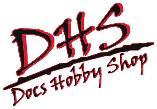Doc's Hobby Shop logo, black and red